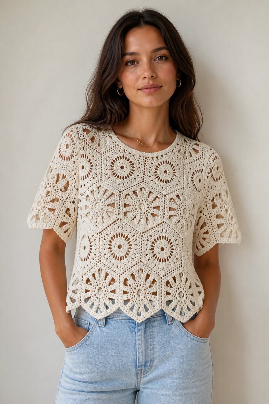 White Crochet Short Sleeve Crop Top Sz M Unbranded